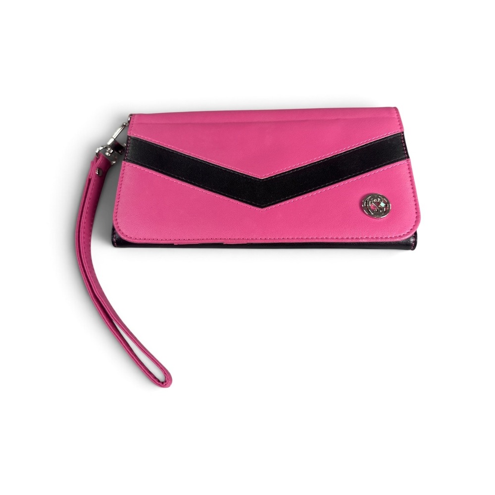Caseen Pink and Black Chevron Wristlet Wallet with Card Slots and Zipper Pocket